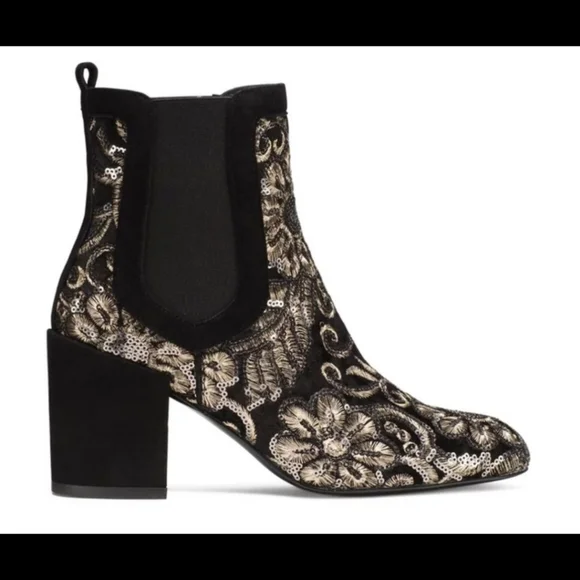 Stuart Weitzman Mediate Black Radiant Velvet Gold Sequins bootie Size 10 - Picture 7 of 17